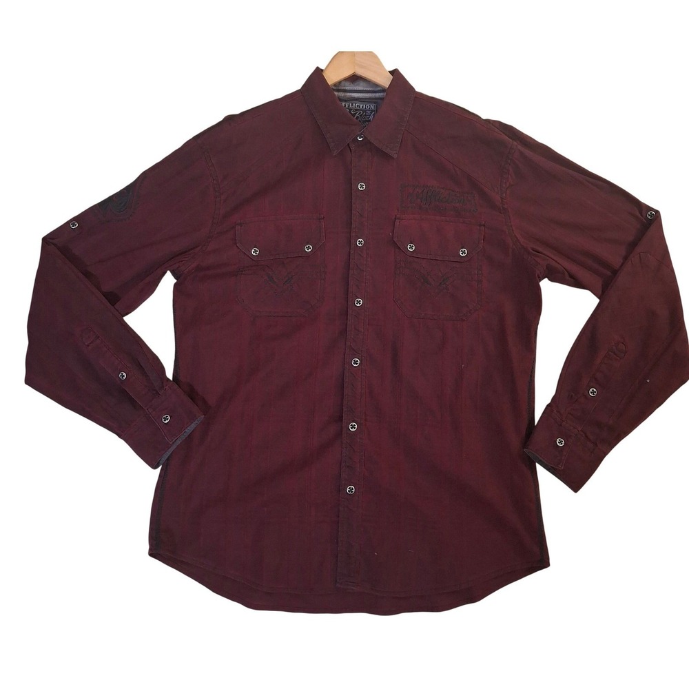 Affliction Black Premium American Customs Shirt Mens XL Burgundy Embroidered